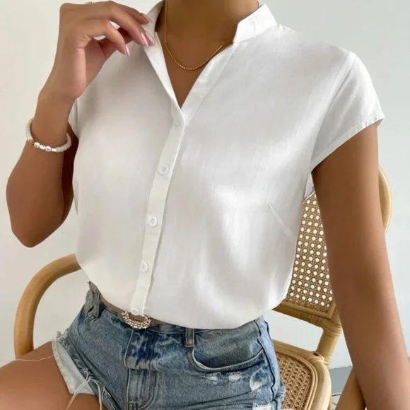 Batwing Short sleeve button up shirt white casual boho - Picture 2 of 3